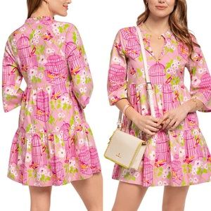 SPARTINA 449 Pink & Green Bird Wilson Maisie Ruffle Tiered Notch Neck Dress